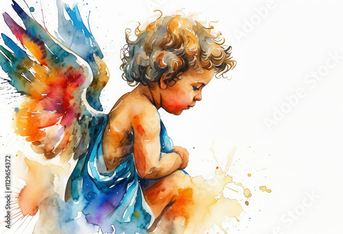 Child angel with colorful wings reflecting innocence and serenity in a soft watercolor style