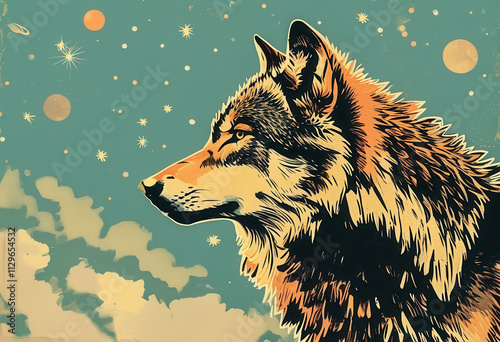 Majestic wolf gazing at a starry sky filled with planets and clouds