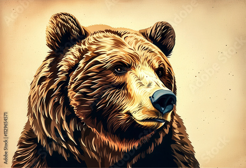 Realistic depiction of a brown bear with detailed fur and expressive eyes in a warm color palette