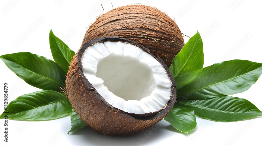 Ripe Coconuts Halved with Lush Green Leaves Ripe Coconuts Halved with Lush Green Leaves