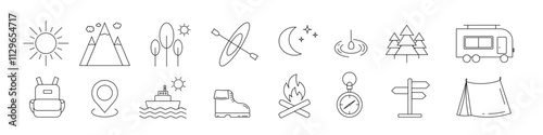 Linear camping icons.
Set of thin contour icons of camping, services. Vector illustration.