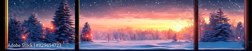 Winter Landscape Through Large Window, Cozy Interior Scene, Pink & Orange Sky at Dusk