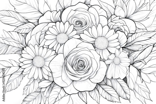 Intricate floral bouquet coloring page featuring roses and daisies in mandala style, perfect for relaxation and creative expression photo