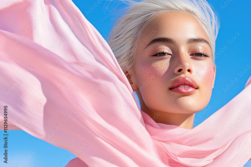 This image captures a woman radiating joy and confidence as she gracefully holds a flowing pink scarf against a clear blue sky, symbolizing freedom and beauty. This image captures a woman radiating joy and confidence as she gracefully holds a flowing pink scarf against a clear blue sky, symbolizing freedom and beauty.