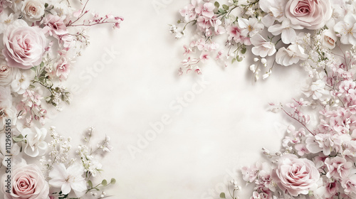 Elegant floral arrangement with soft pink roses and blossoms framing a light background photo