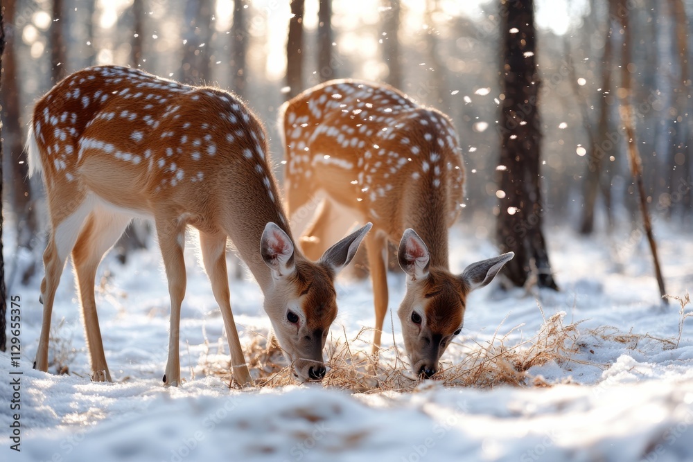 In a picturesque snowy landscape, two young deer feed on grass, capturing the innocence of wildlife and the beauty of nature as soft flakes dance in the cool winter air. In a picturesque snowy landscape, two young deer feed on grass, capturing the innocence of wildlife and the beauty of nature as soft flakes dance in the cool winter air.