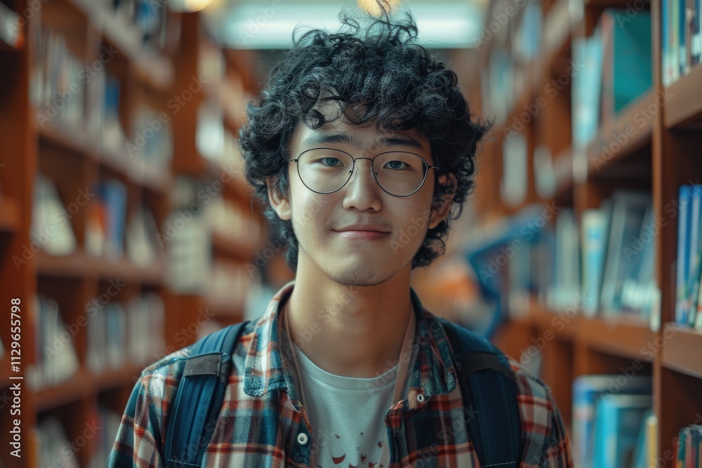 Asian student with curly hair smiling in library portrait. Asian student with curly hair smiling in library portrait.