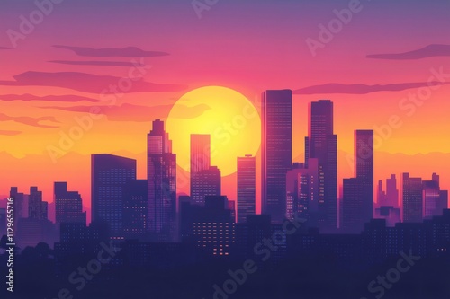 Vibrant cityscape at sunset, with skyscrapers and buildings silhouetted against a colorful sky, creating a stunning urban skyline