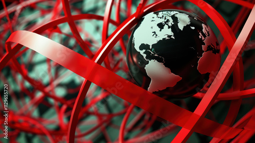 globe suspended in web of red tape symbolizes global complexity and challenges. intricate design highlights interconnectedness of our world