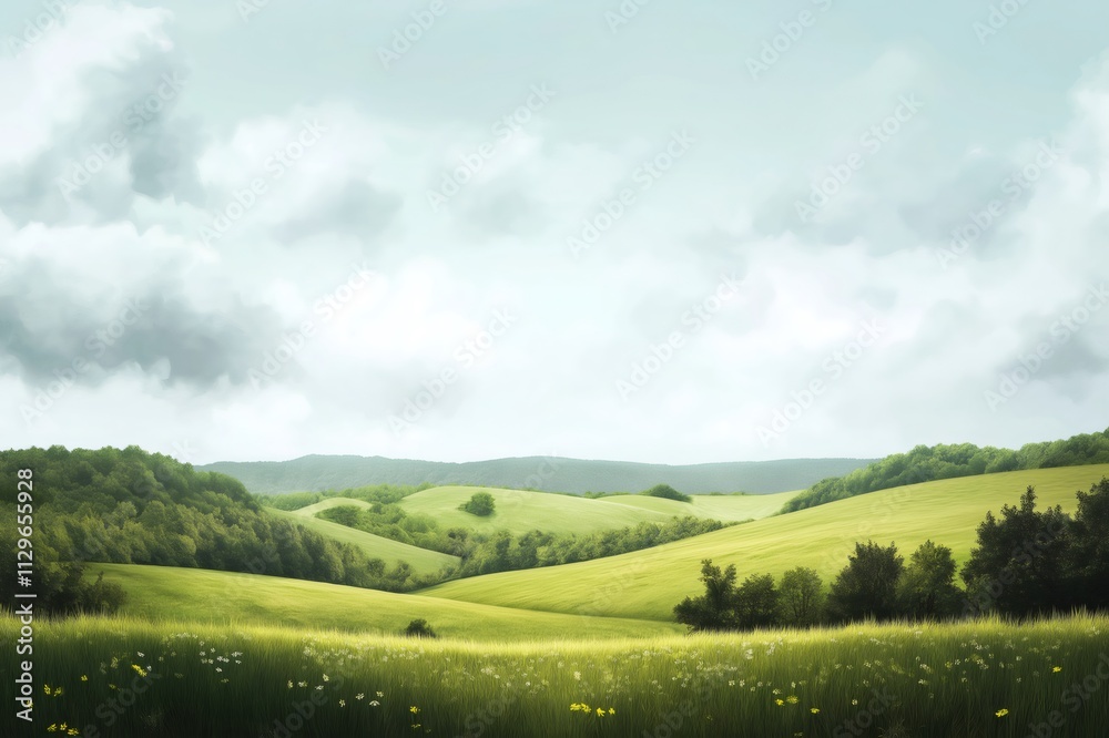 Obraz premium Scenic landscape featuring vibrant green rolling hills, lush grass fields, and a cloudy sky, creating a serene and picturesque countryside view