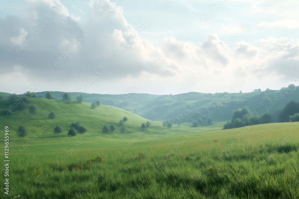 Green grass covers rolling hills dotted with trees, under a blue sky with fluffy white clouds, creating a peaceful countryside landscape Green grass covers rolling hills dotted with trees, under a blue sky with fluffy white clouds, creating a peaceful countryside landscape