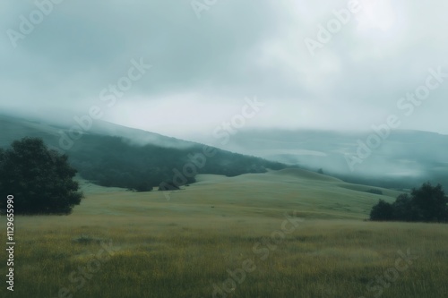 Fog enveloping lush green hills and fields creates a tranquil countryside landscape under a cloudy sky, evoking a serene atmosphere