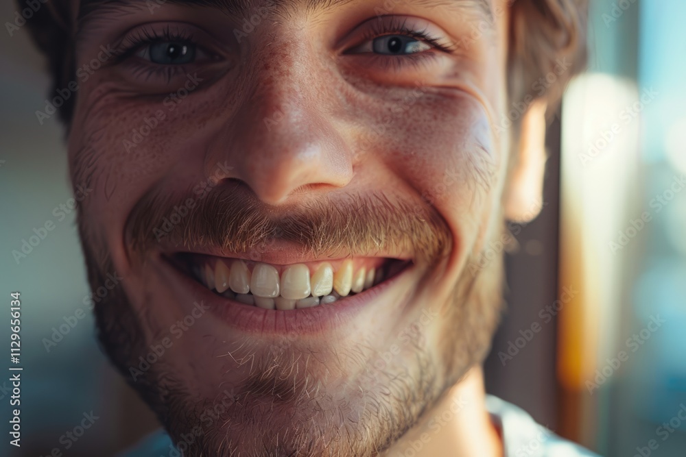 Close up of satisfied smiling guy looking at camera at home Close up of satisfied smiling guy looking at camera at home