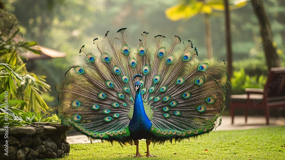 Obraz premium Majestic peacock displaying vibrant plumage in lush garden.