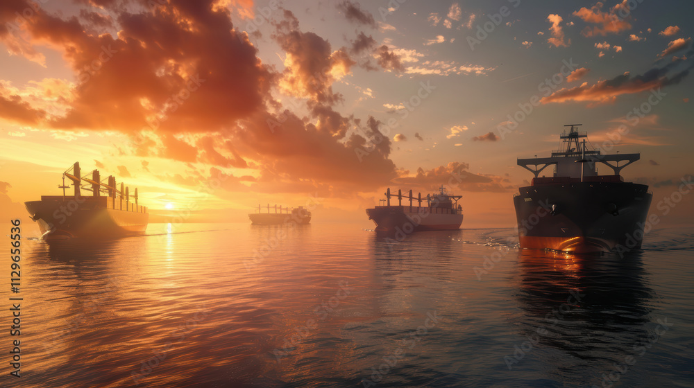 Stranded cargo ships at sunset create dramatic scene on water, highlighting impact of economic sanctions. tranquil waters reflect vibrant colors of sky Stranded cargo ships at sunset create dramatic scene on water, highlighting impact of economic sanctions. tranquil waters reflect vibrant colors of sky
