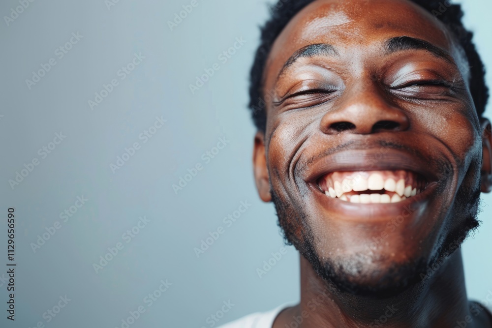 Close up portrait of a happy young african american man laughing against gray background Close up portrait of a happy young african american man laughing against gray background