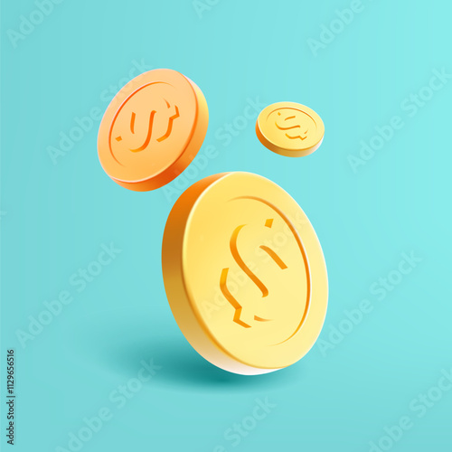 Realistic dollar coins, 3D. Coins on turquoise background for concepts of finance, business, investment, and savings. Vector illustration.
