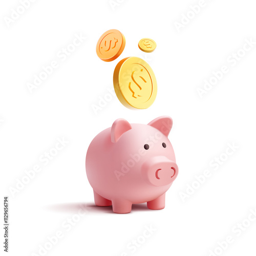Realistic 3D piggy bank with falling gold coins, dollars. For concepts of savings, finance, dividends, accumulation. Vector illustration.