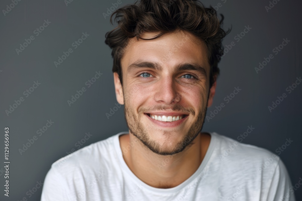 Close up portrait of smiling handsome man in white t shirt isolated on grey background Close up portrait of smiling handsome man in white t shirt isolated on grey background