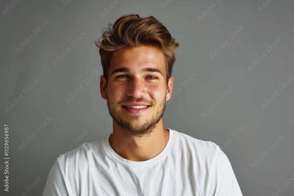 Close up portrait of smiling handsome man in white t shirt isolated on grey background Close up portrait of smiling handsome man in white t shirt isolated on grey background