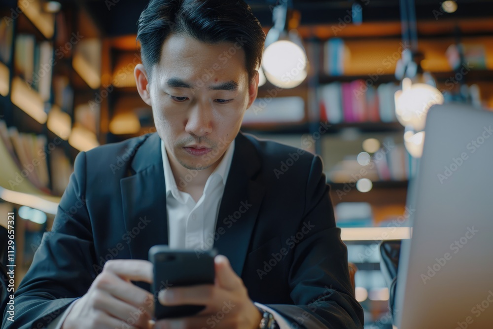 Young Asian businessman multitasking on smartphone and laptop. Young Asian businessman multitasking on smartphone and laptop.