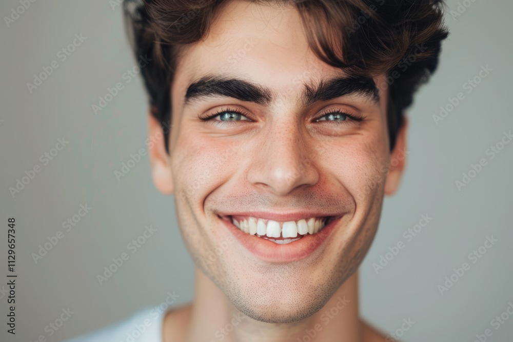 Close up daylight portrait of young smiling handsome man isolated on gray background Close up daylight portrait of young smiling handsome man isolated on gray background