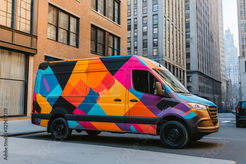 Brightly colored delivery van parked on a city street, showcasing a vibrant and abstract design photo