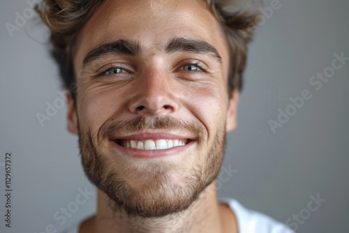 Close up daylight portrait of young smiling handsome man isolated on gray background