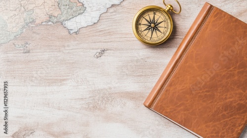 Golden compass and leather journal on a rustic table with a chocolate map creating an adventurous flat lay for travel enthusiasts photo