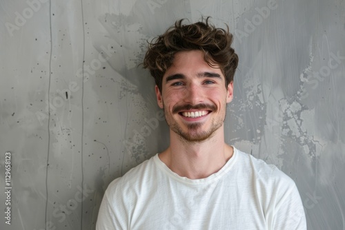 Confident young man smiling against grey wall