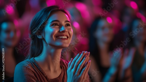 Enthusiastic crowd clapping in appreciation at a lively event, focus on a cheerful young woman in dynamic pink lighting