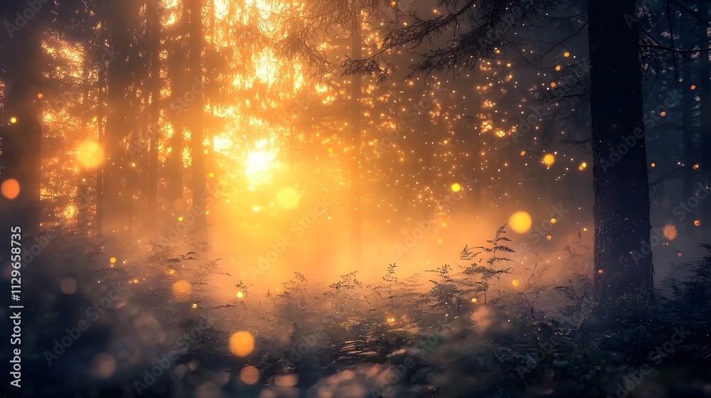 Obraz premium Magical forest with golden sunlight streaming through trees and glittering particles creating an ethereal atmosphere