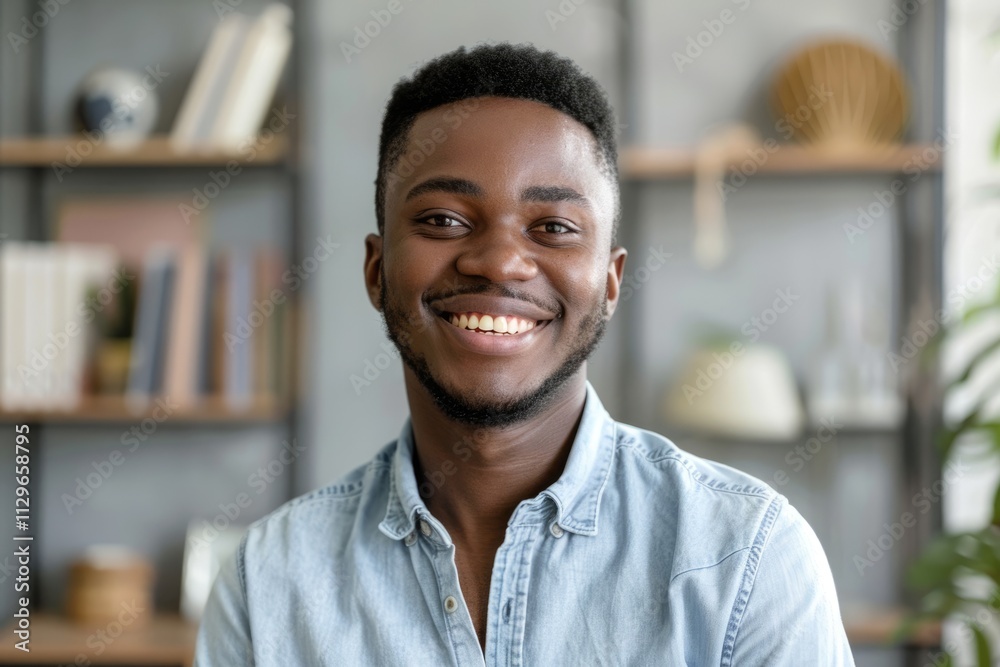 Happy African American man posing for headshot at home office.