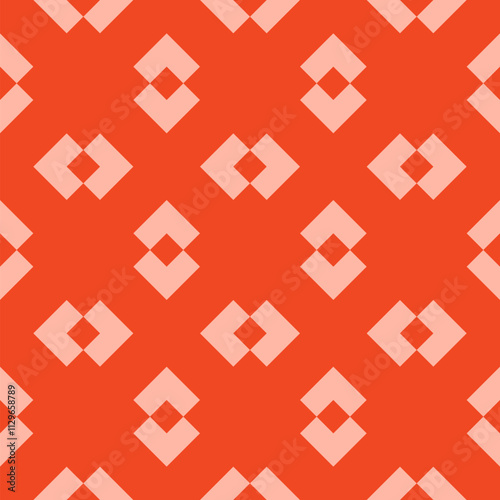 Simple minimal funky seamless pattern. Cute vector abstract geometric texture with arrow shapes, squares, dots. Stylish modern bright orange color background. Repeat design for decor, textile, print