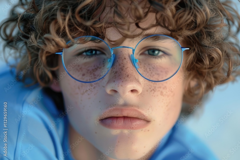 Close up portrait of teen boy with curly hair and glasses. Close up portrait of teen boy with curly hair and glasses.