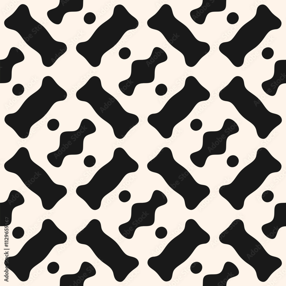 Abstract black and white seamless pattern. Vector monochrome geometric texture with curved shapes, grid, checkered surface. Simple geo background. Repeating design for decor, print, textile, package Abstract black and white seamless pattern. Vector monochrome geometric texture with curved shapes, grid, checkered surface. Simple geo background. Repeating design for decor, print, textile, package