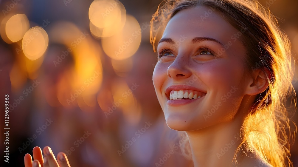 Radiant woman with glowing skin smiling brightly and clapping in a golden hour outdoor event with bokeh lighting in the background Radiant woman with glowing skin smiling brightly and clapping in a golden hour outdoor event with bokeh lighting in the background