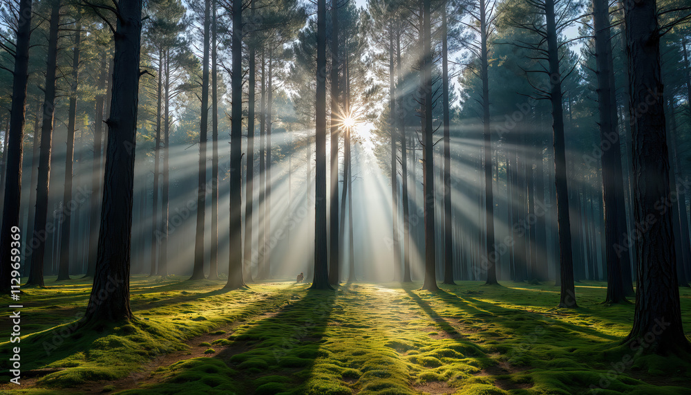 Fototapeta premium sunlight streaming through tall pine trees