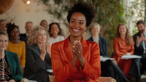 Confident woman in orange suit clapping with a radiant smile, surrounded by a diverse audience in a bright indoor event space with greenery in the background