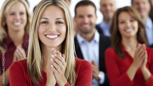 Smiling blonde woman in red applauding with a cheerful group of people in formal attire in a brightly lit corporate setting