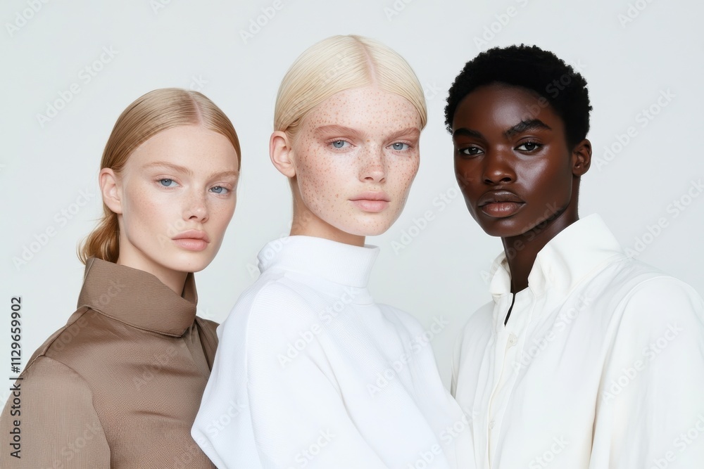 This image features three models representing diverse backgrounds and styles, beautifully combining their unique looks in a modern setting that emphasizes individuality and artistry. This image features three models representing diverse backgrounds and styles, beautifully combining their unique looks in a modern setting that emphasizes individuality and artistry.