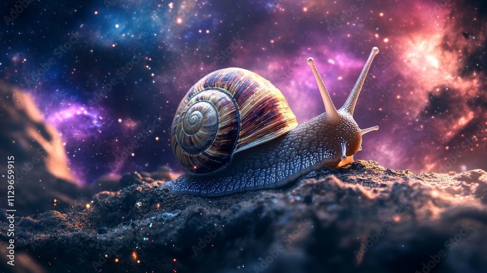 Collage of photos illustrates a wandering snail in space. Collage of photos illustrates a wandering snail in space.