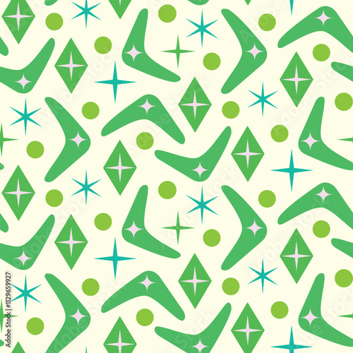 Mid Century Modern Boomerang seamless pattern with atomic retro stars and dots in orange on white background. For home decor, textile, wallpaper and fabric.