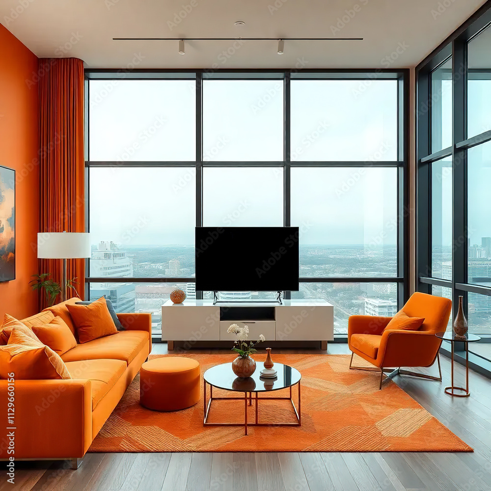 Modern luxury apartment interior in minimal scandinavian style, orange color Modern luxury apartment interior in minimal scandinavian style, orange color