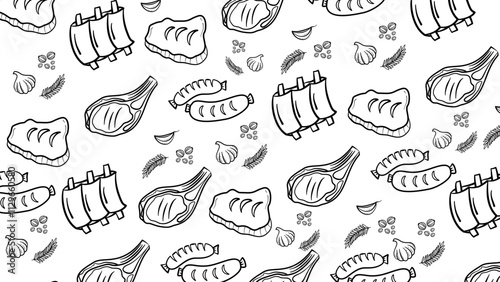 Beautiful background doodle steak meat. Steak meat background pattern. Meat Pattern Collection in Doodle. Steaks and cuts of meat inscribed seamless background.
