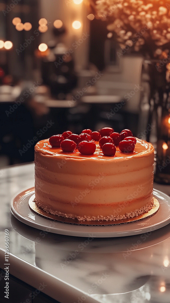 A beautifully shaped cake with smooth red cream covering the surface and cherry, a cafe-style background with warm lighting, creating a pleasant and sophisticated space, attractive. A beautifully shaped cake with smooth red cream covering the surface and cherry, a cafe-style background with warm lighting, creating a pleasant and sophisticated space, attractive.
