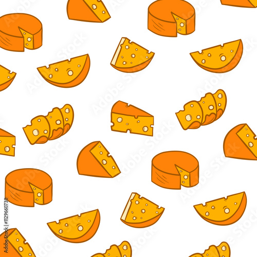 Cheese cheddar seamless pattern. Cheese seamless background. Cheese pattern background. Pieces of yellow cheese, isolated on a white background.
