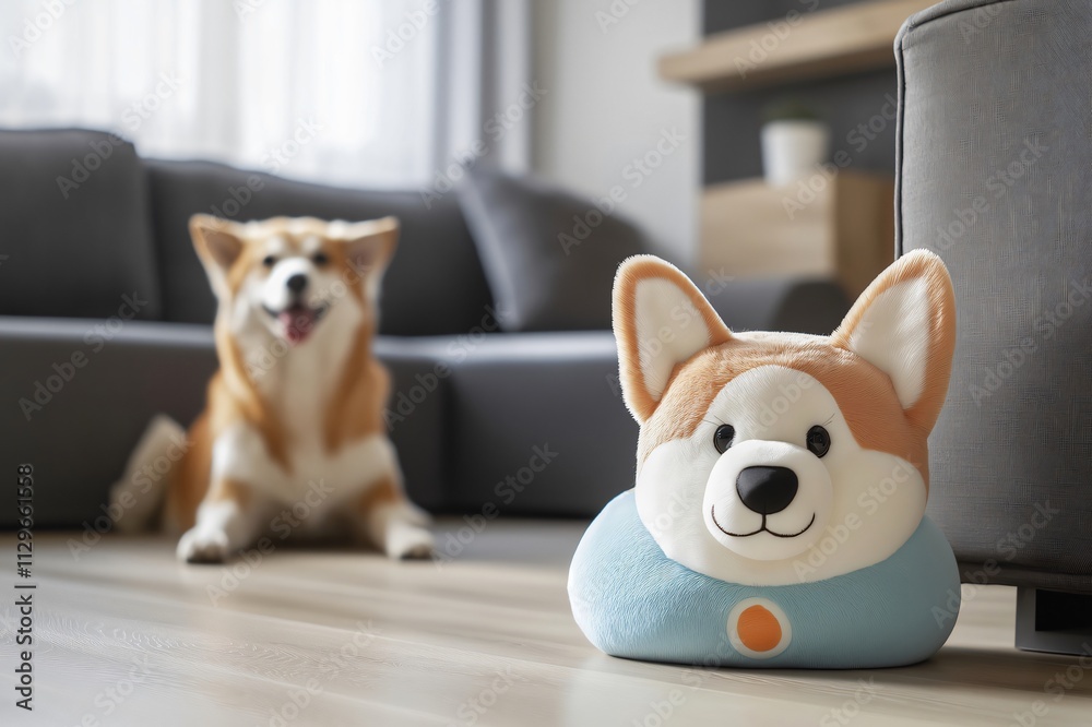 Customizable plush dog toy resembling a Shiba inu placed on a wooden floor, with a real Shiba inu resting in the background Customizable plush dog toy resembling a Shiba inu placed on a wooden floor, with a real Shiba inu resting in the background