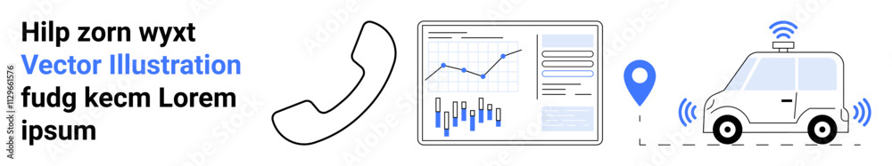 Telephone symbol, analytical charts, GPS location pin, delivery vehicle with wireless signals. Ideal for business communication, analytics, delivery, logistics, technology, transportation customer Telephone symbol, analytical charts, GPS location pin, delivery vehicle with wireless signals. Ideal for business communication, analytics, delivery, logistics, technology, transportation customer