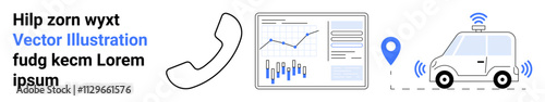 Telephone symbol, analytical charts, GPS location pin, delivery vehicle with wireless signals. Ideal for business communication, analytics, delivery, logistics, technology, transportation customer
